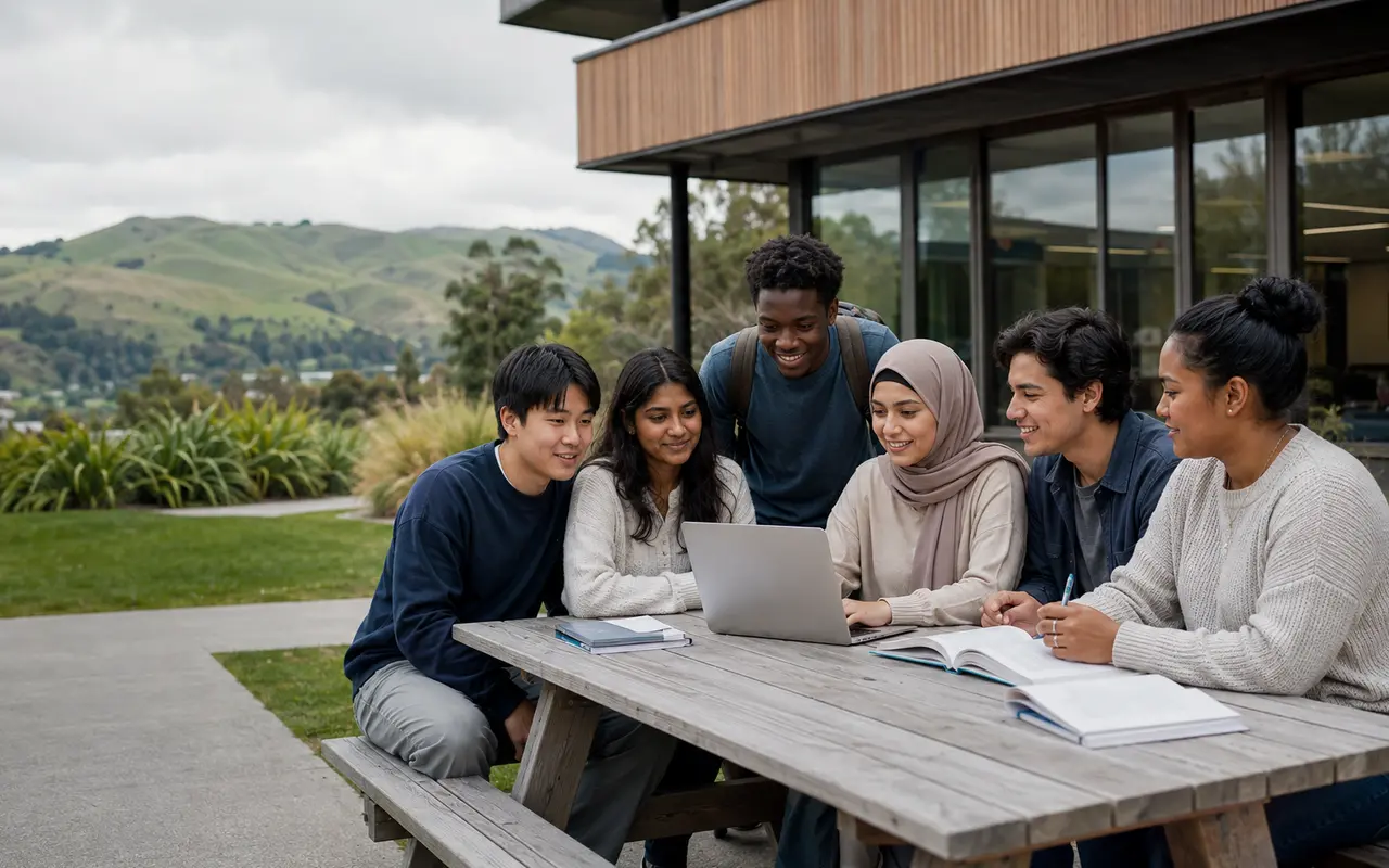 International students studying together on a New Zealand campus