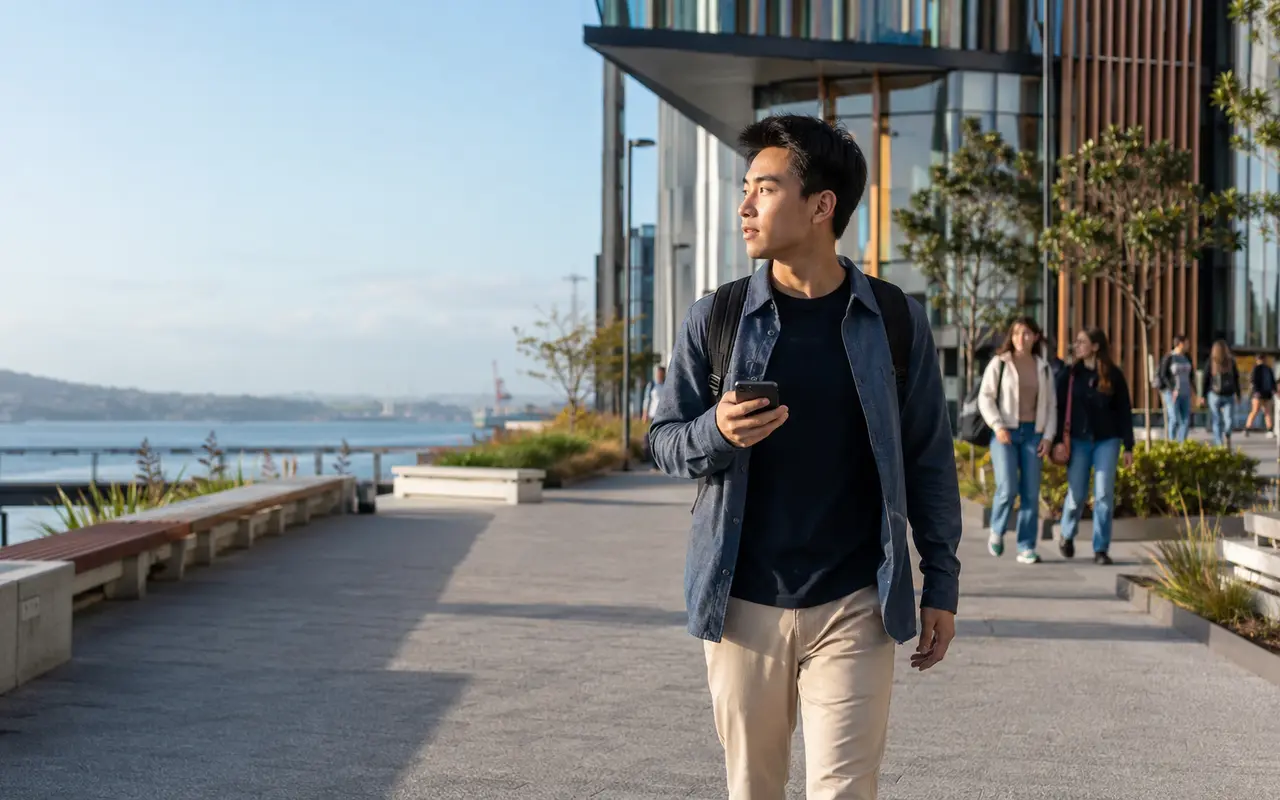 A newly arrived international student exploring a modern Auckland waterfront campus area