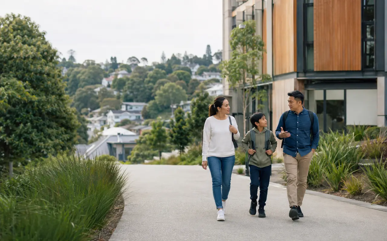 An international student walking with their partner and child near a New Zealand campus