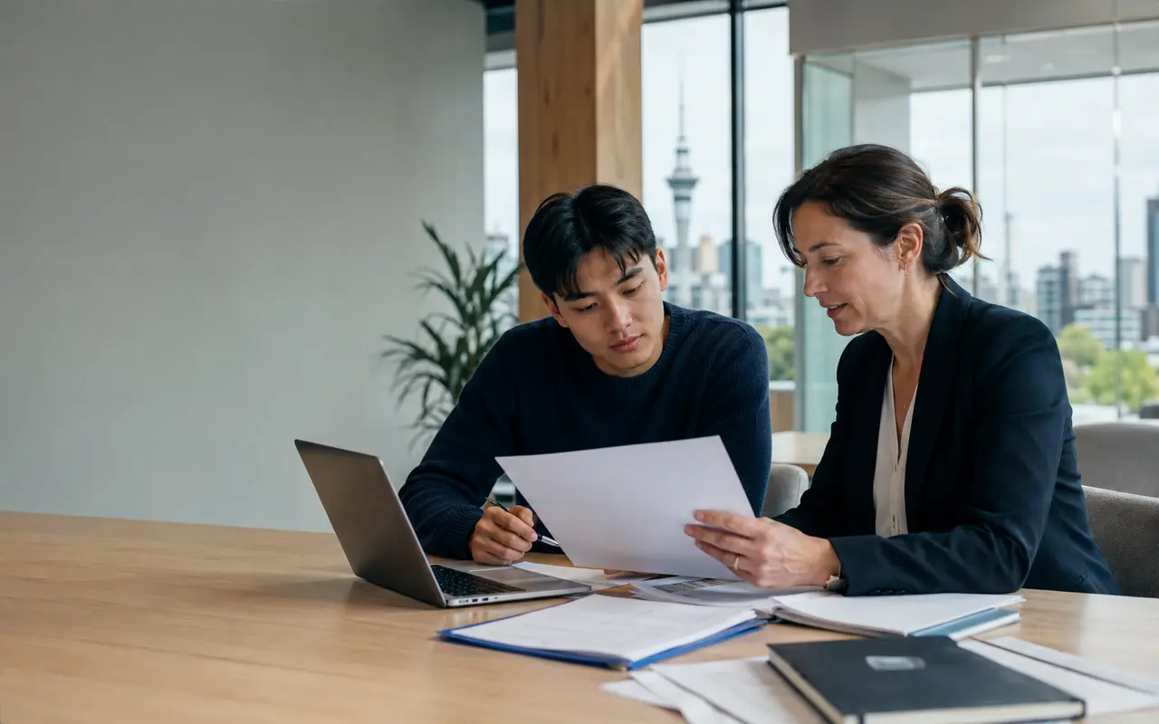 A student and professional reviewing application documents together