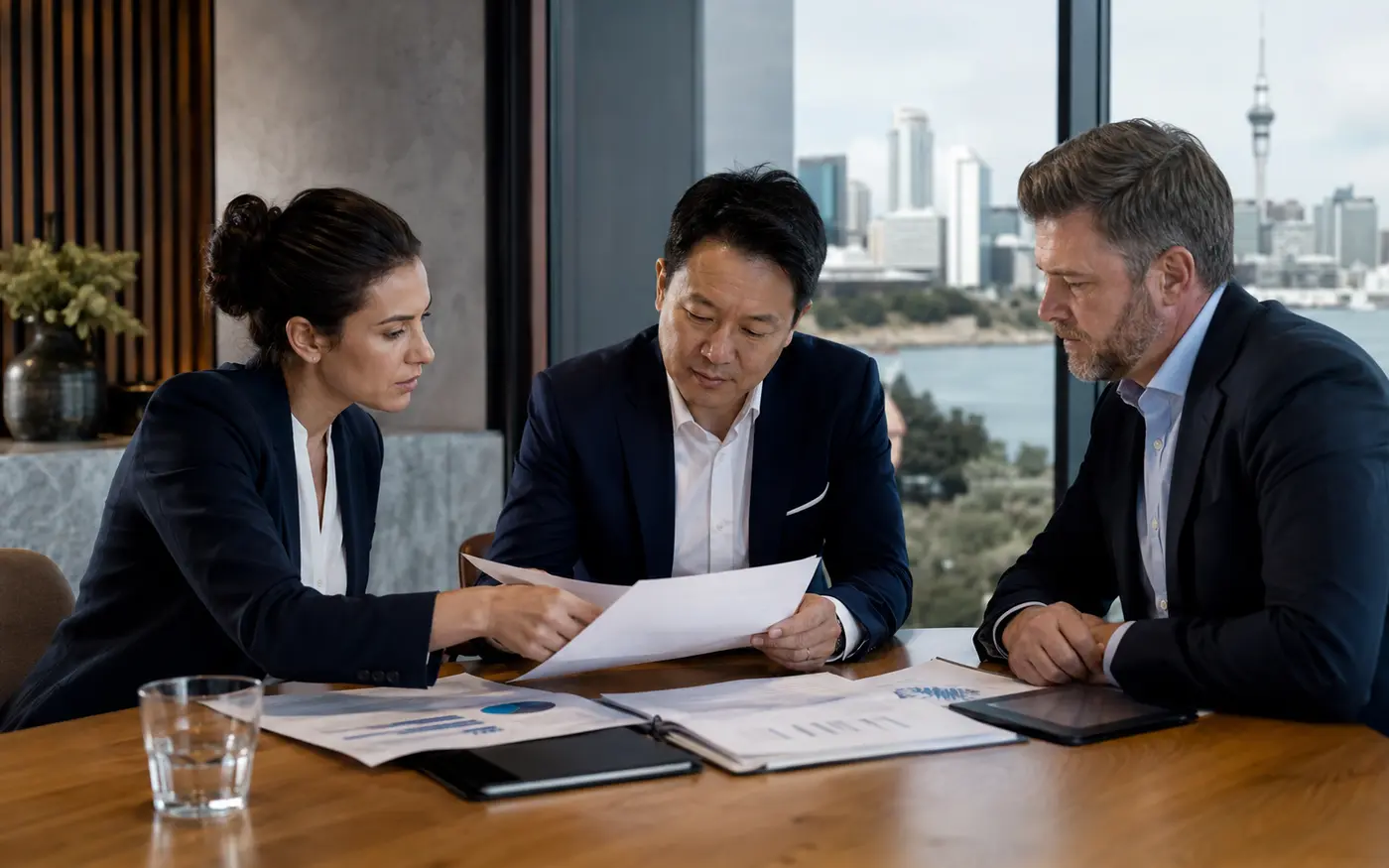 International business owners reviewing an investment plan in Auckland